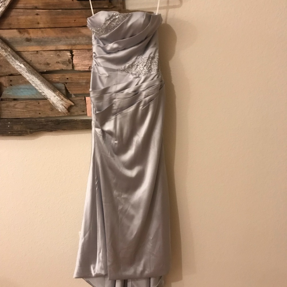 Strapless Silver Gown with Train
